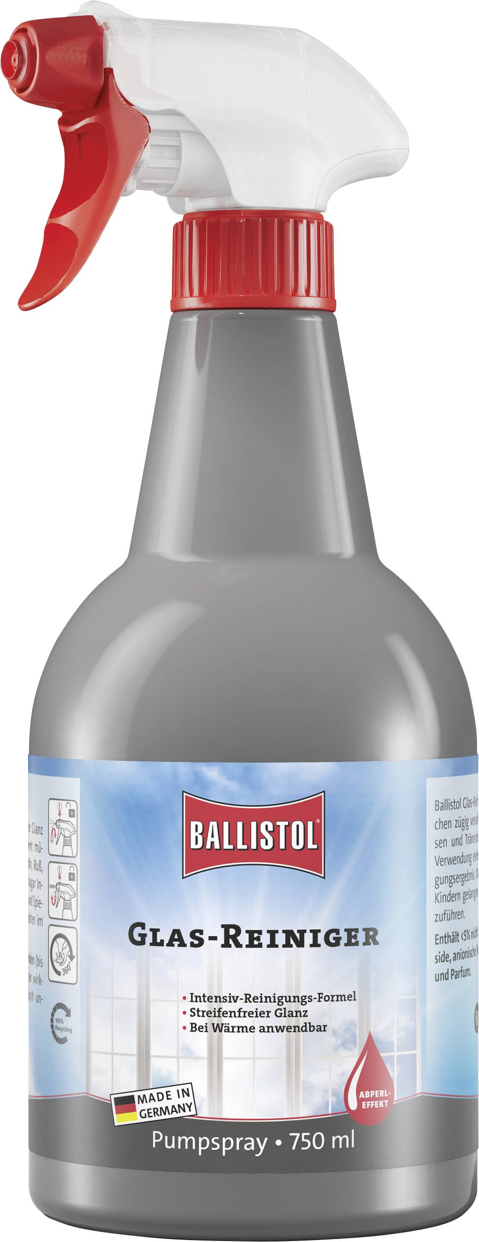 A bottle of Ballistol glass cleaner with a red spray nozzle. The label reads 'Glas-Reiniger' and highlights a 750 ml volume, suitable for windows.