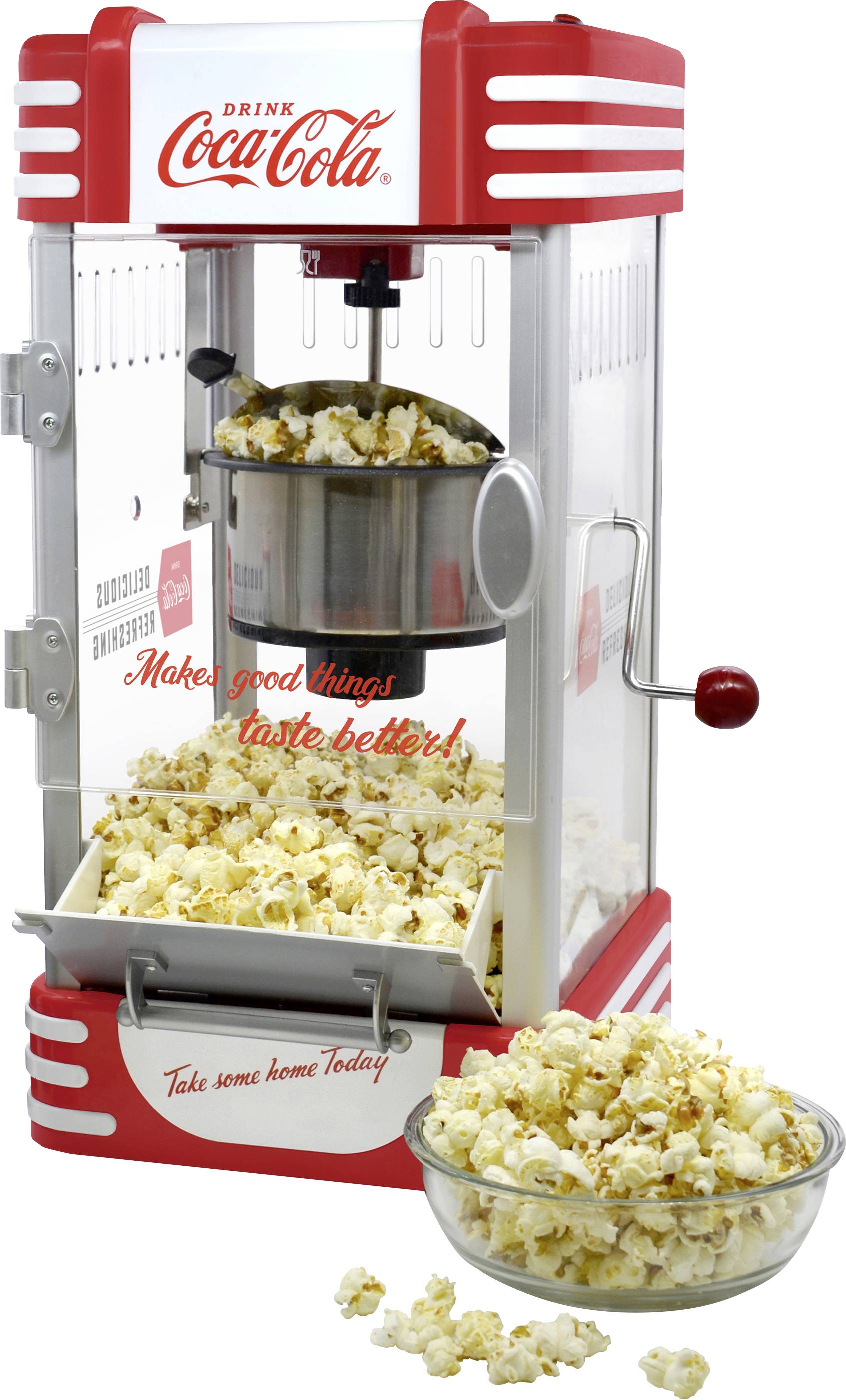 A retro popcorn machine in the Coca-Cola style, producing fresh popcorn. Beside it sits a bowl of popcorn.