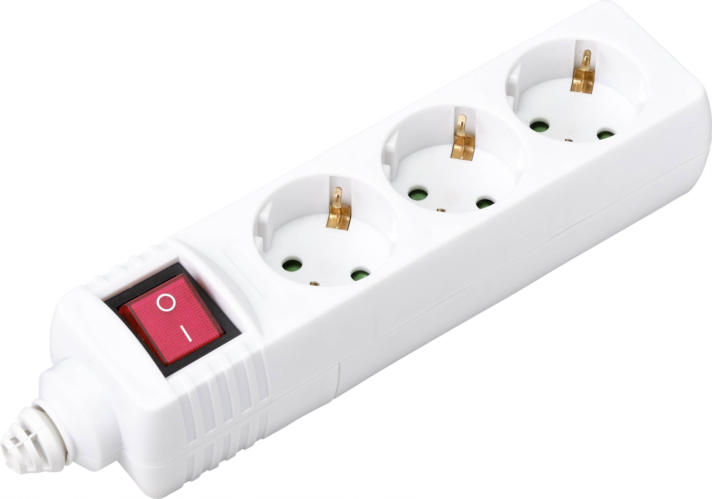 A white multi-socket extension with three plug sockets and a red power on/off switch.
