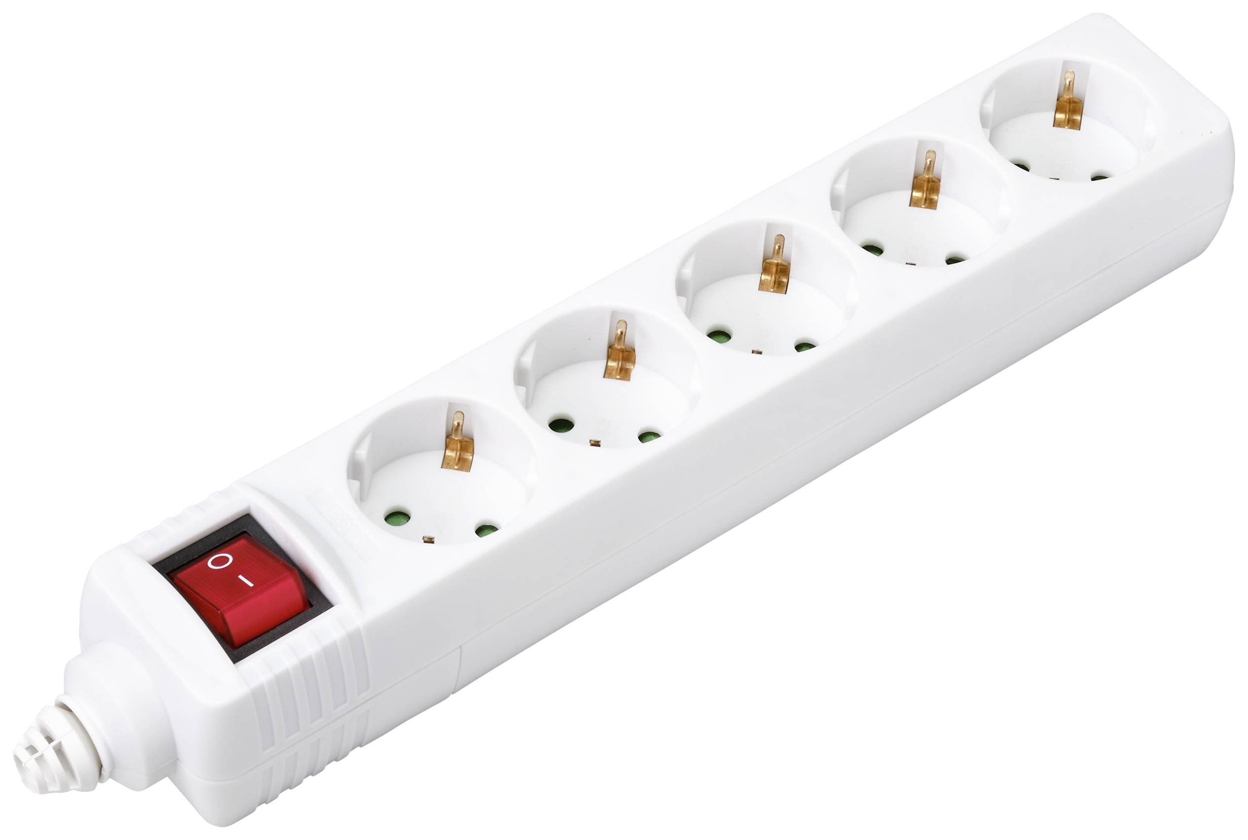 White multi-socket extension lead with five sockets and a red on/off switch on the left.