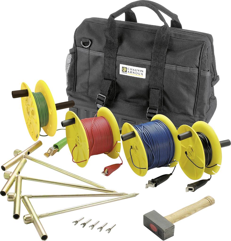 Measuring Cable Set with Bag. Contains Cable Reels in Red, Green and Blue, Earthing Electrodes, Hammer and Accessories. Ideal for Technical Work.