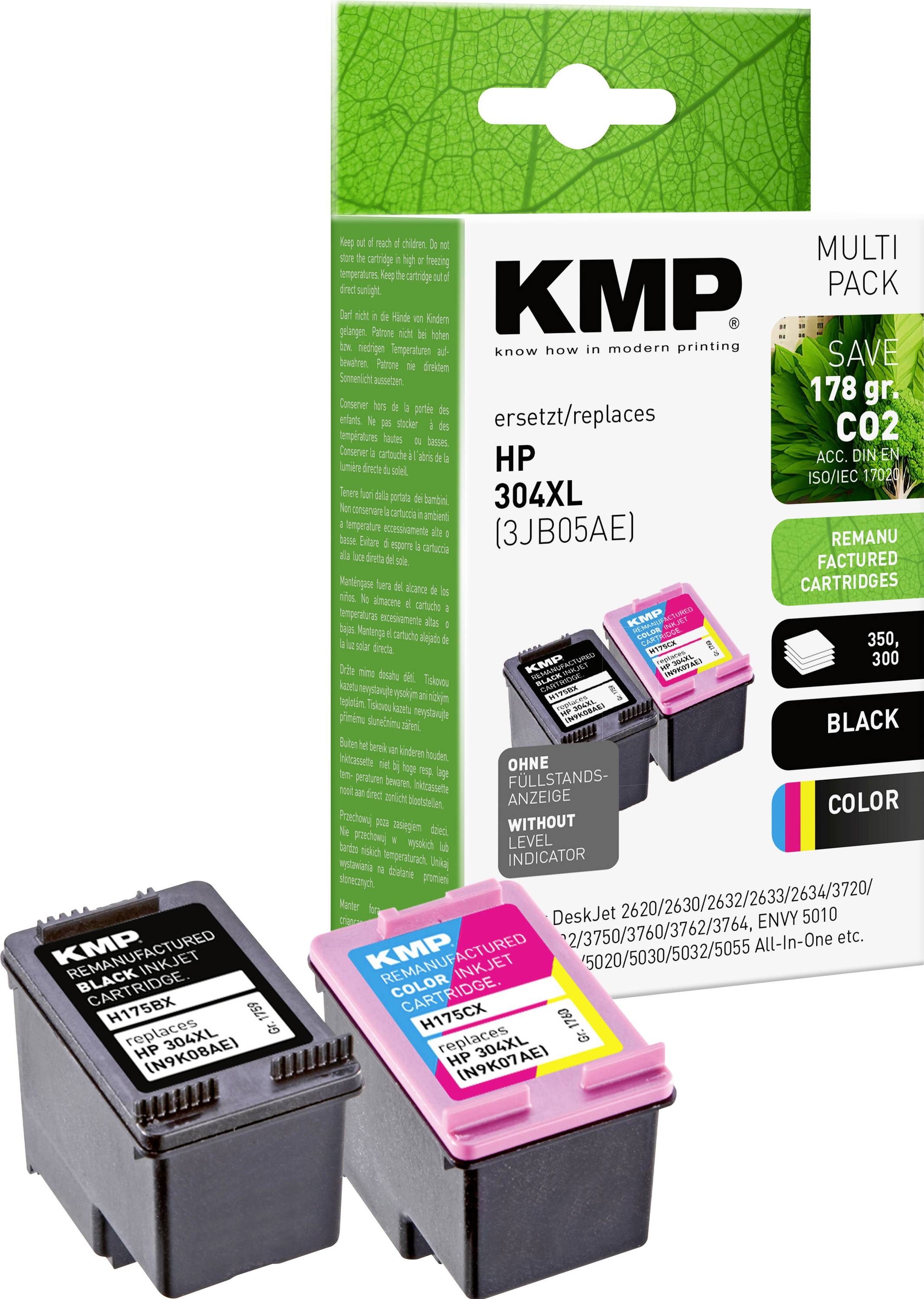 KMP multi-pack ink cartridges compatible with HP 304XL, includes black and color cartridges. Packaging highlights eco-friendly benefits.
