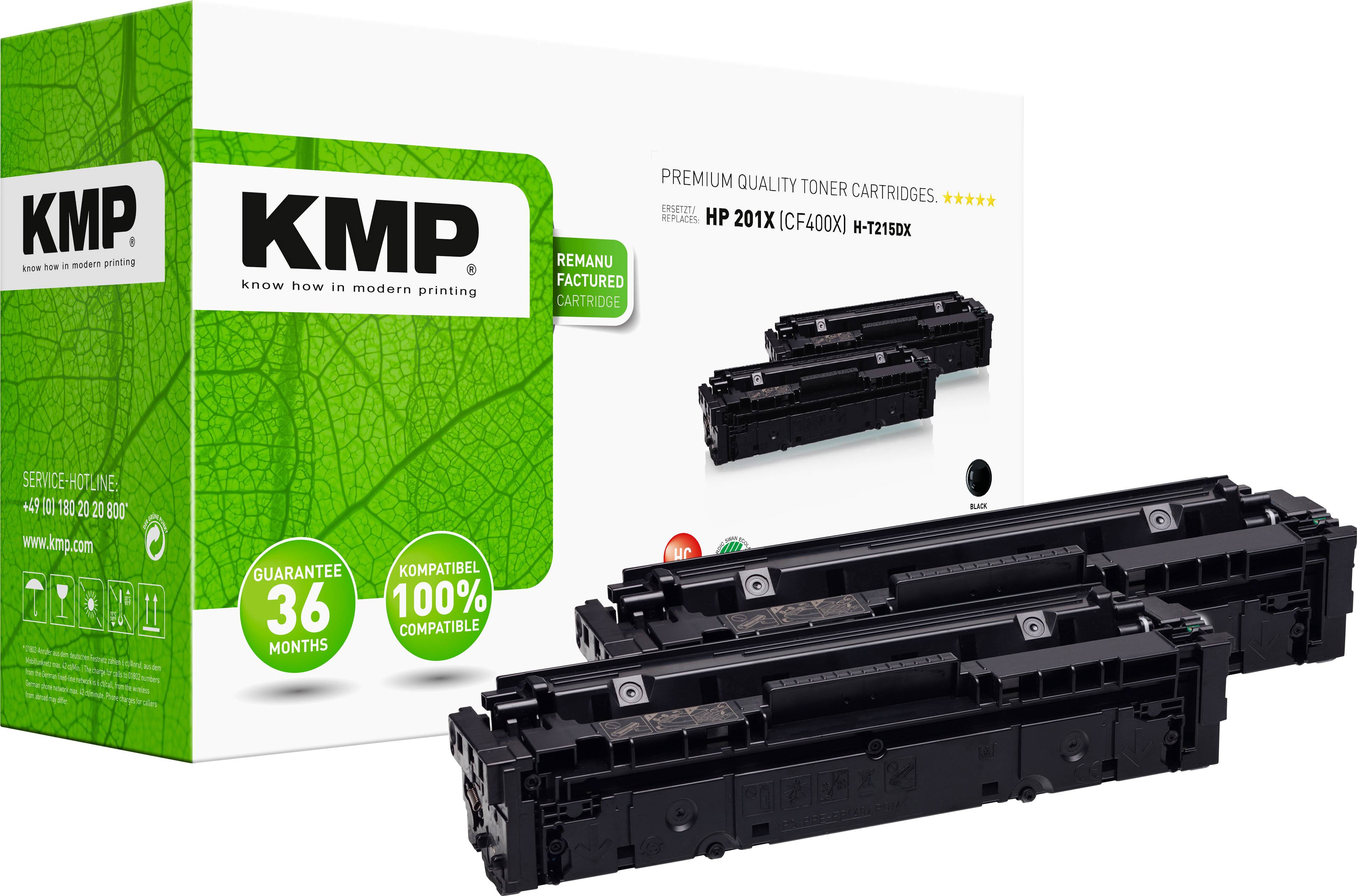 Two black toner cartridges in front of a green packaging with the 'KMP' logo. Suitable for HP 201X printers, 100% compatible.