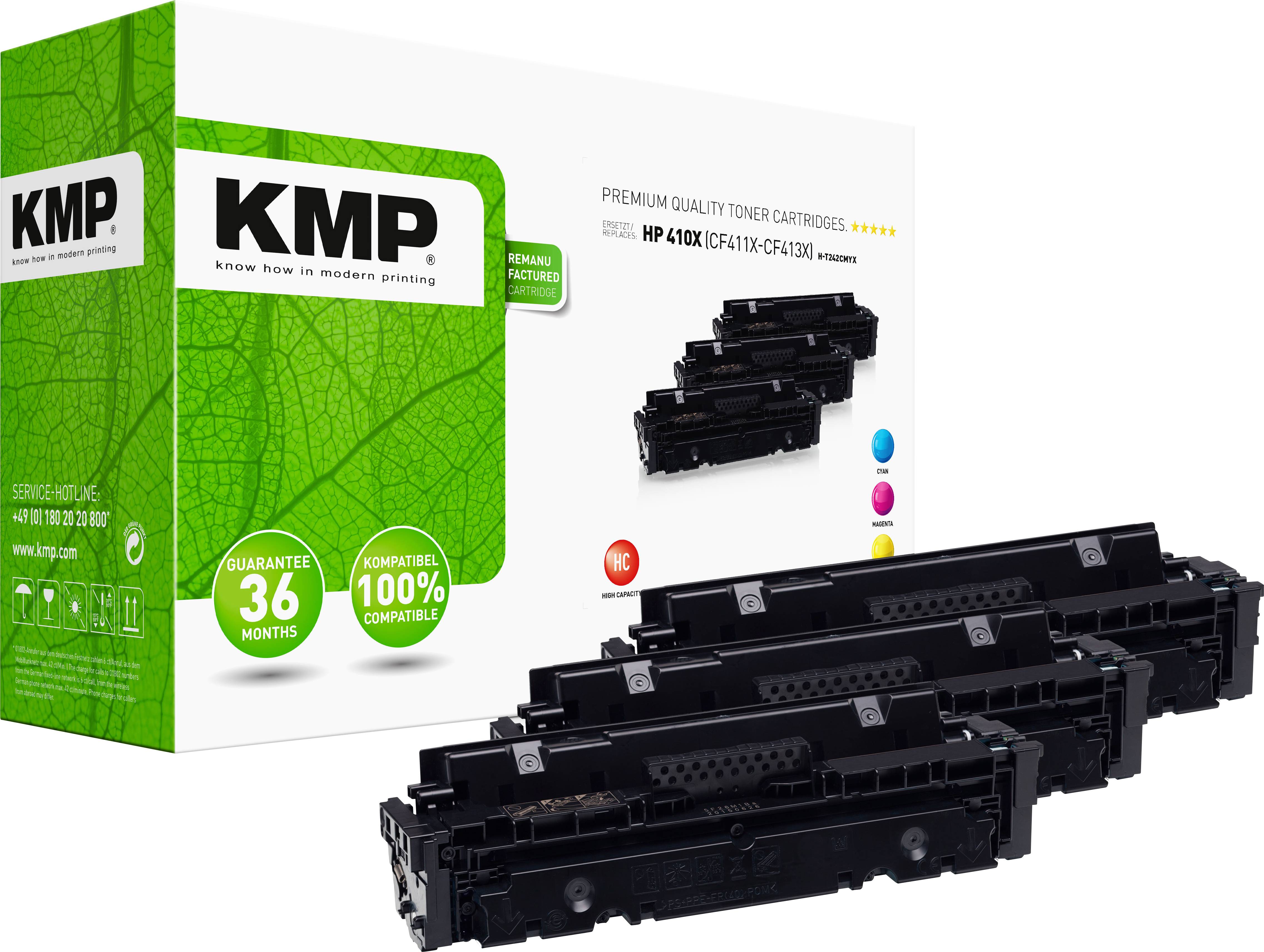 Packaging with three toner cartridges in the foreground, KMP HP 410X CF413X toner cartridges, with green guarantee and recycling symbols.
