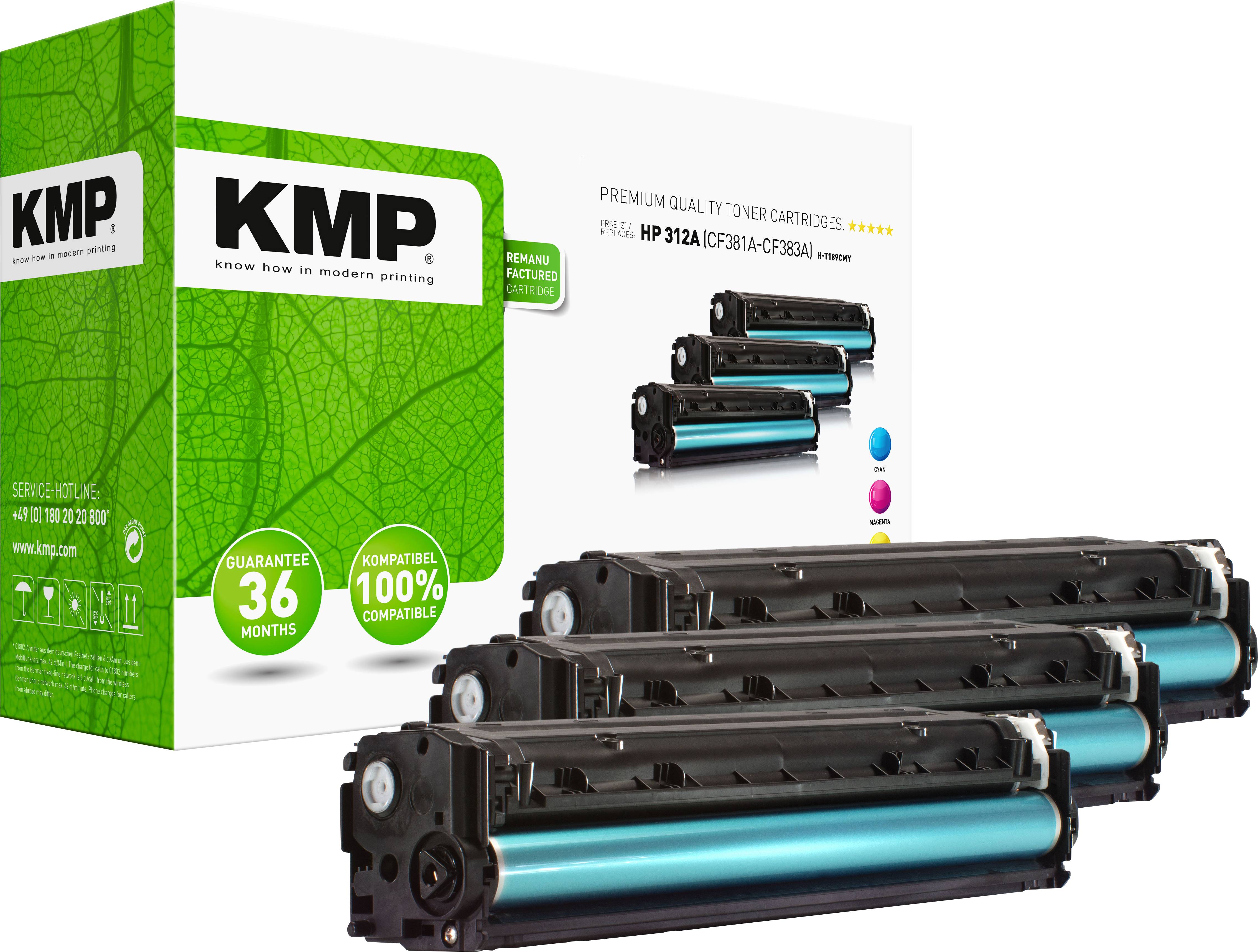 Three black toner cartridges in front of a KMP packaging box. On the box: 36-month guarantee, 100% compatible, green leaf motif.