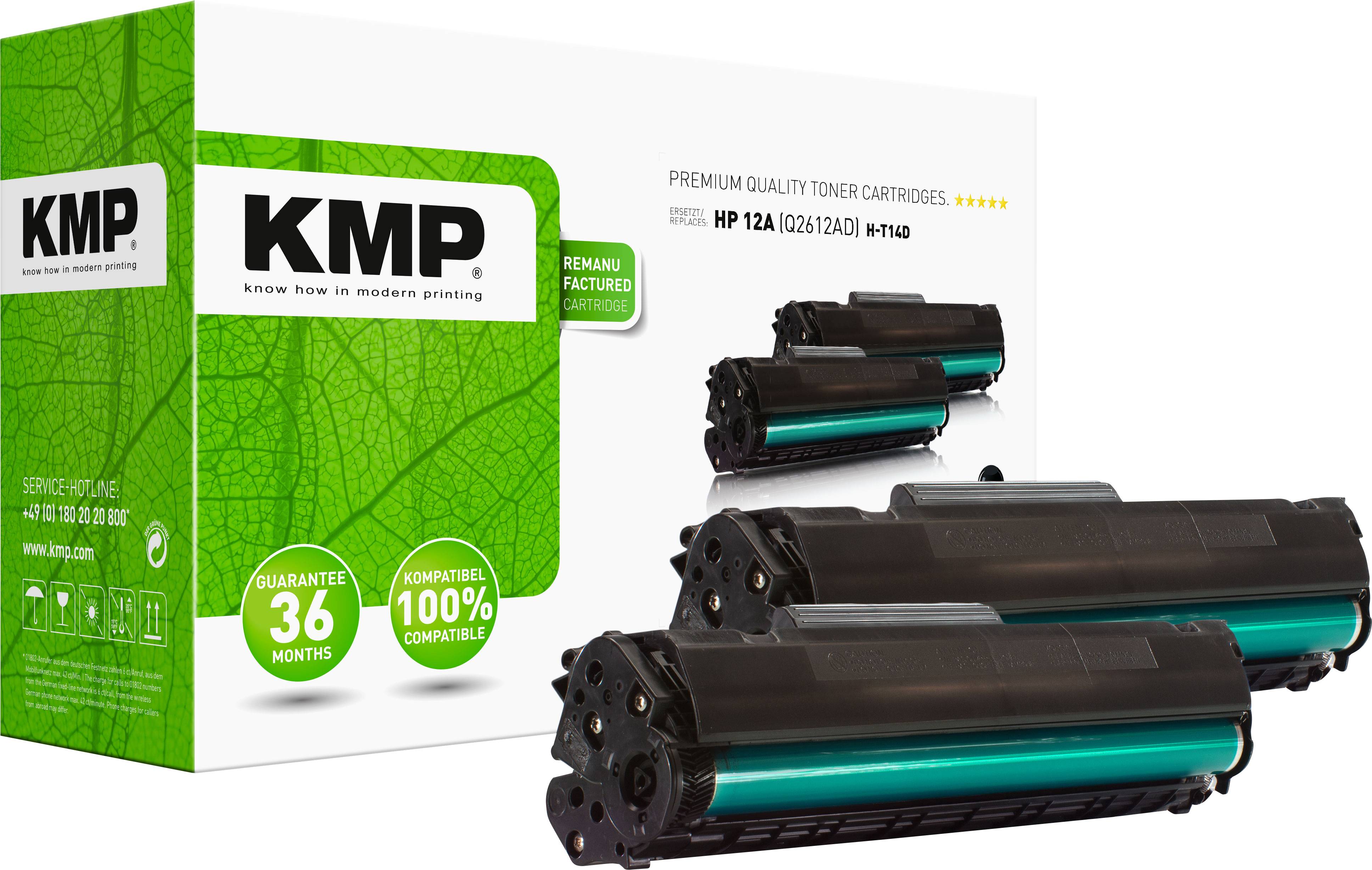 Two black and cyan toner cartridges in front of packaging with the label 'KMP', 36-month guarantee, 100% compatible.