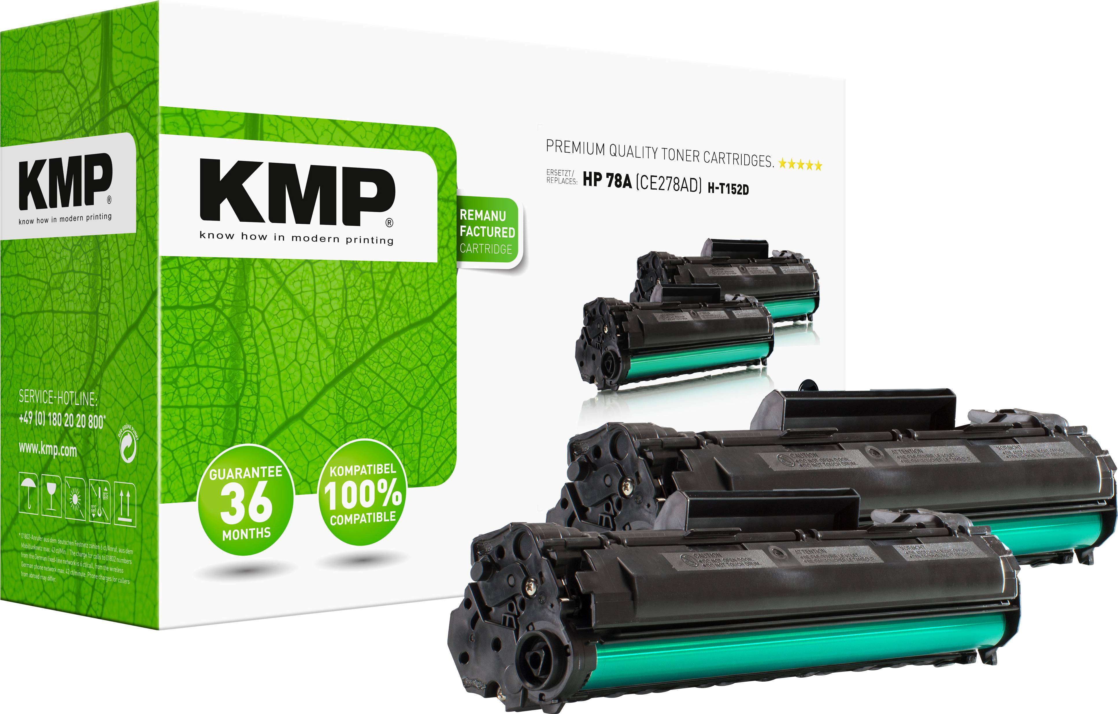 Two black toner cartridges in front of packaging with a KMP logo. Text on the packaging: 'Premium Quality Toner Cartridges'.