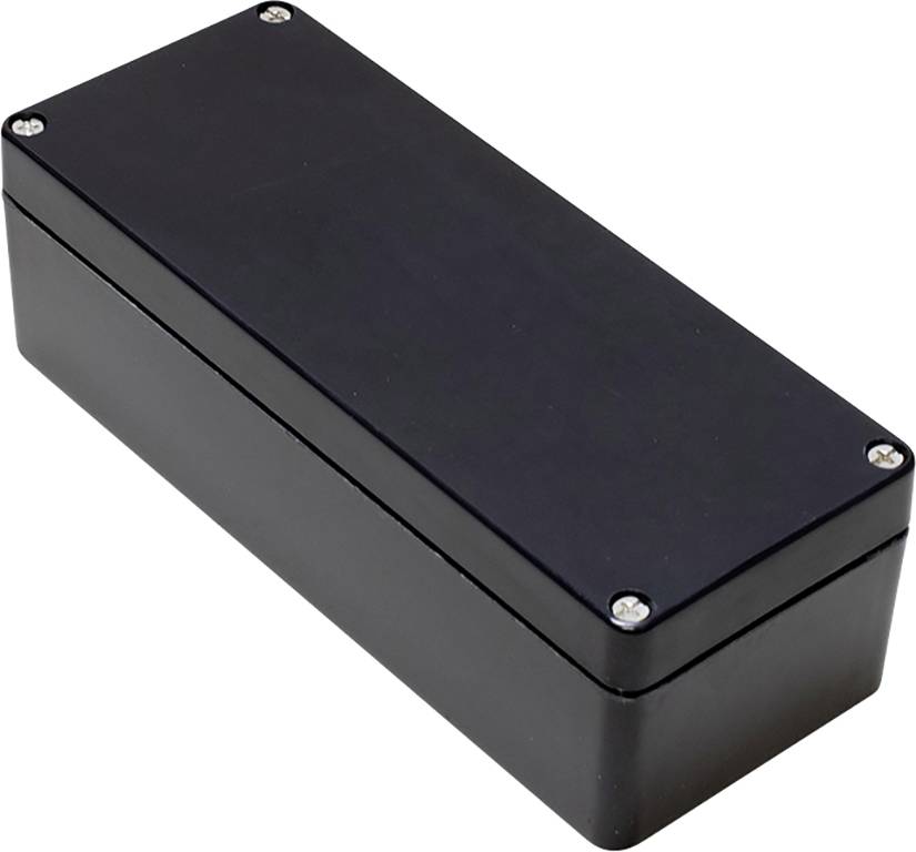 Black, rectangular enclosure with screws at the corners. Suitable for housing and protecting electronic components.