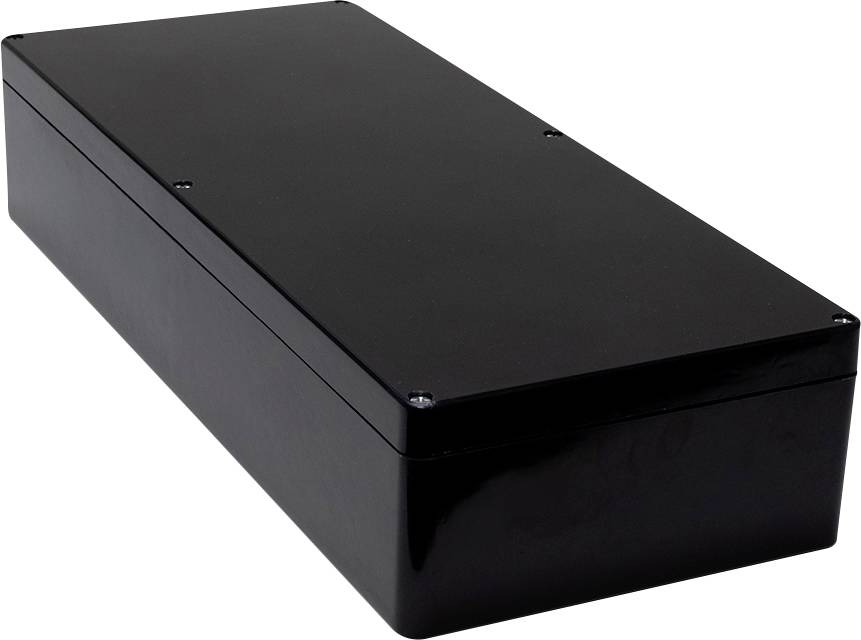 A black, rectangular enclosure with rounded corners. It has a smooth surface and screw holes on the sides.