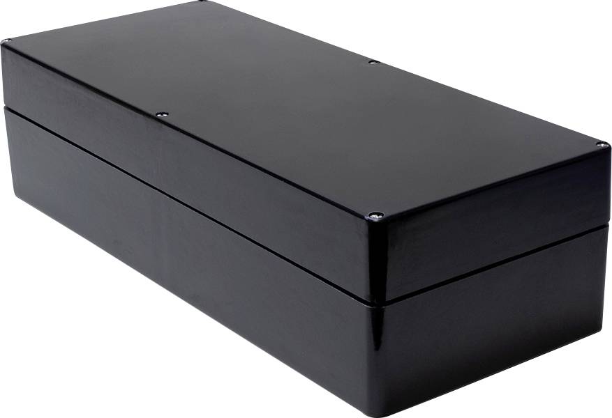 Black rectangular enclosure with a smooth surface, suitable for storage or protection against external influences.