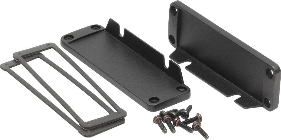 A black mounting kit consisting of two rectangular metal pieces, two sealing gaskets, and five screws; suitable for fastening.