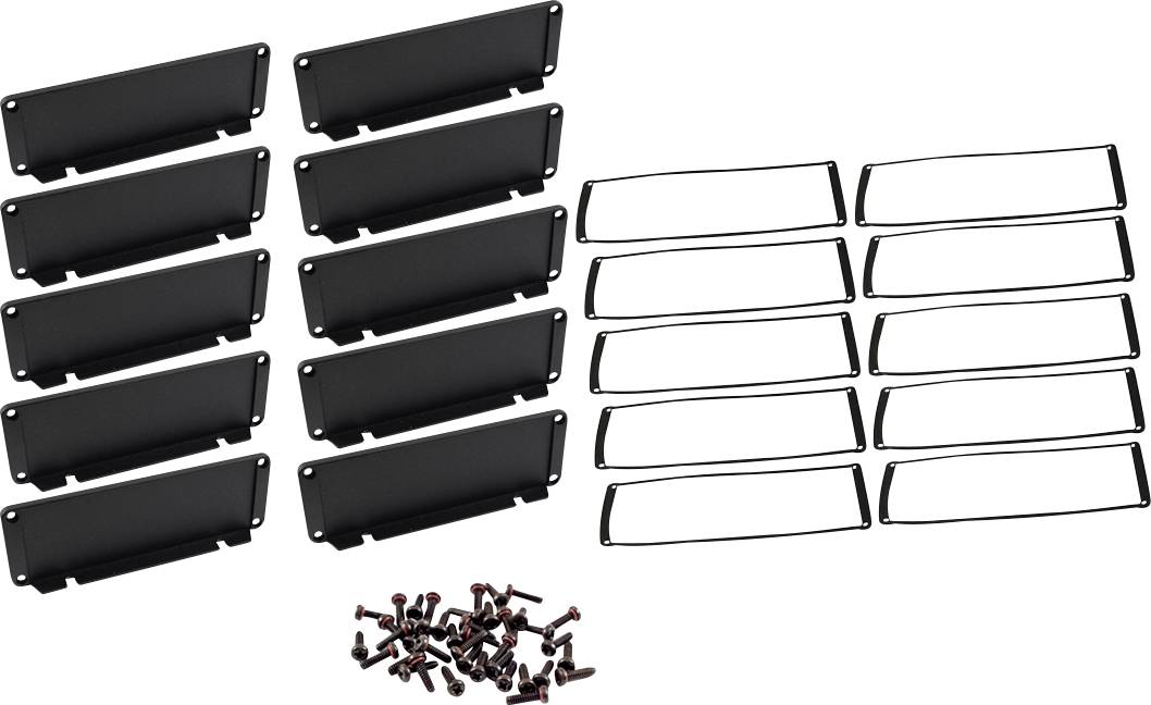 Twelve black covers, twelve rectangular frames and many small screws for securing the covers.