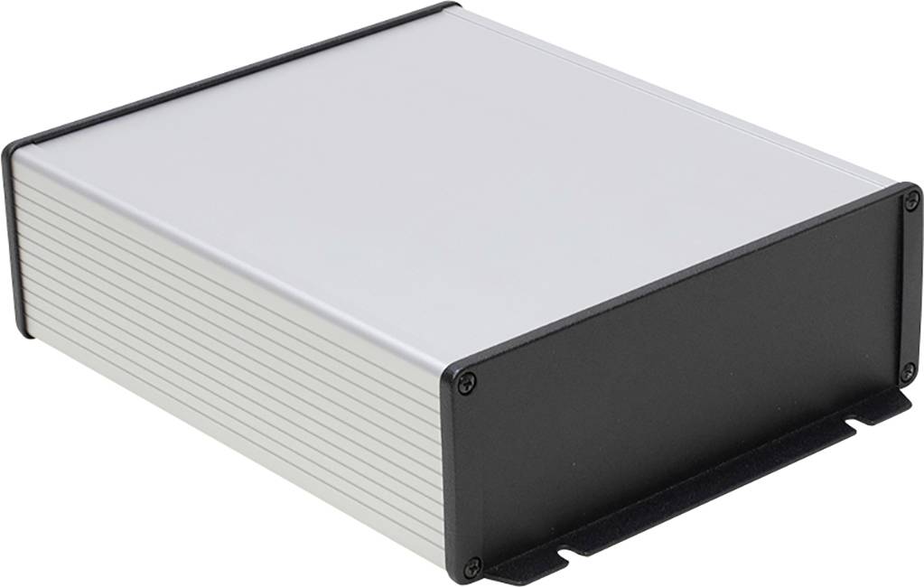 A rectangular, silver metal enclosure with black end caps, possibly for technical devices or electronics.