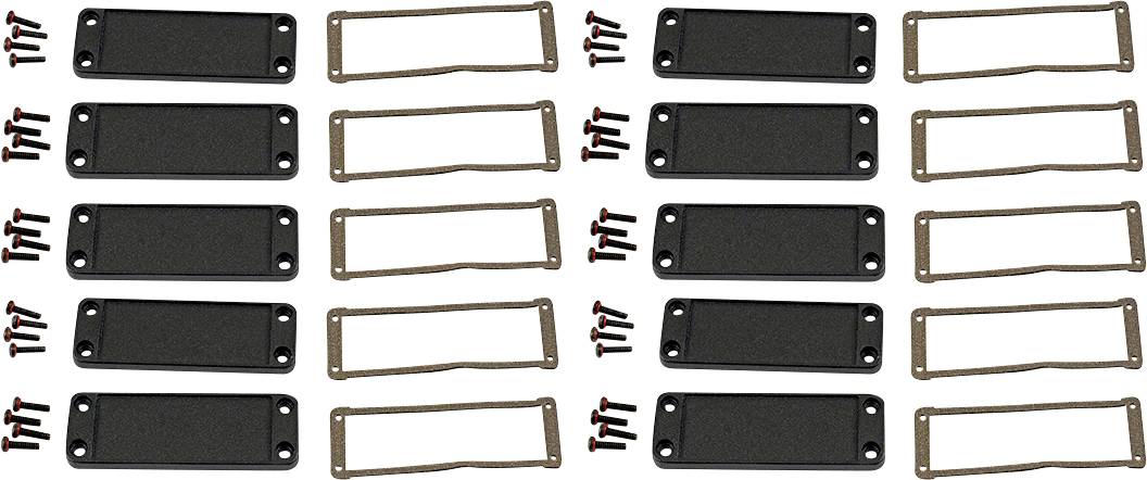 Several electronic components, including rectangular black plates, surrounded by seals and screws, arranged in a symmetrical pattern.
