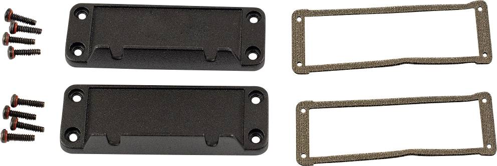 Black pickup frames with screws. Two frames and screws are arranged side by side on a white background.