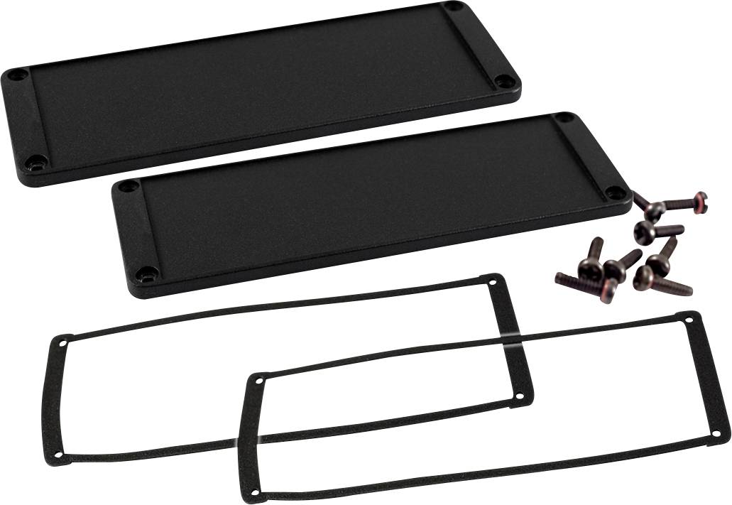 Two black rectangular plates with screws and two sealing gaskets, suitable for mounting or covering electronic components.