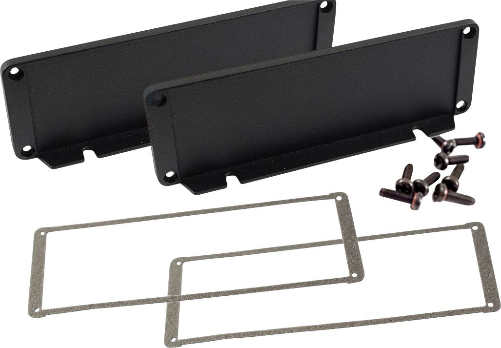 Two black covers, screws and seals for guitar accessories on a white background.