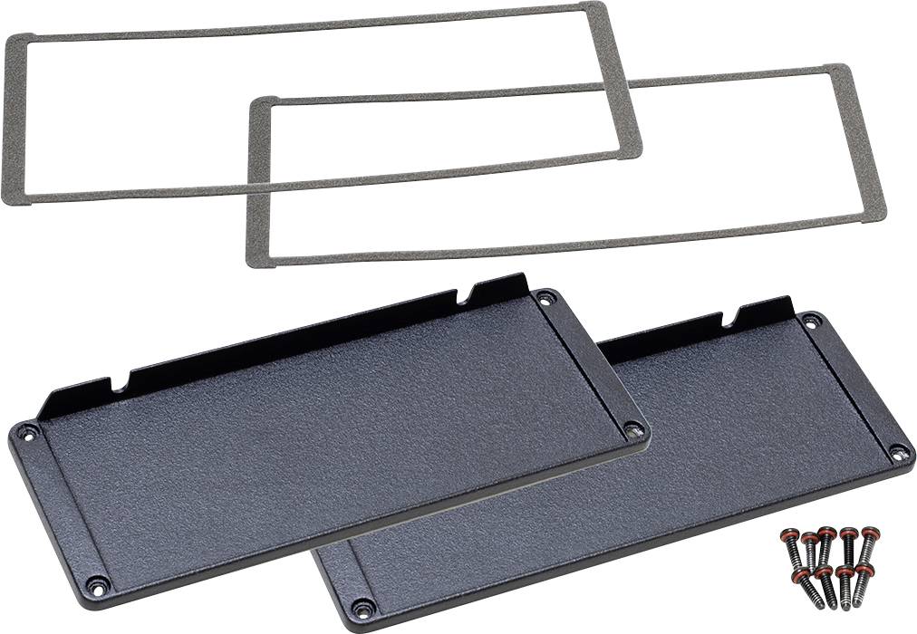 Two black metal plates with four matching gaskets and six screws, likely intended for mounting or covering purposes.