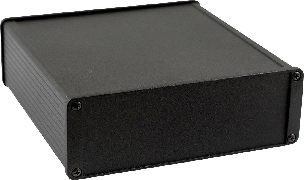 Black, rectangular metal enclosure with screws at the corners.