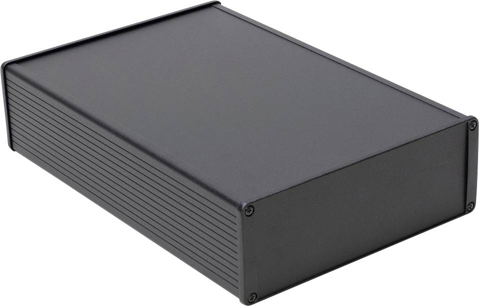 A rectangular, black enclosure, commonly used for electronic devices, with ribbed sides for cooling and stability.