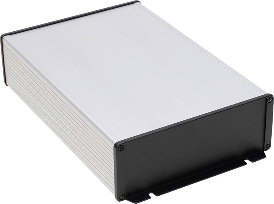 Metal enclosure with a black plastic lid and base, likely for electronic devices. Rectangular shape, neutral style.
