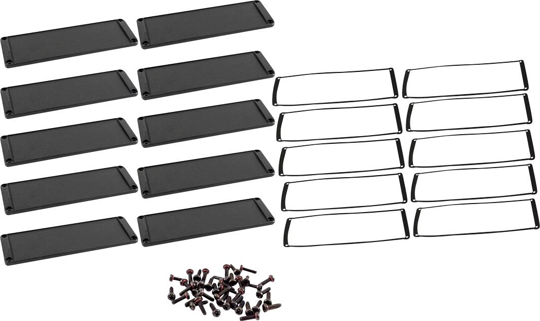 Set of 12 black covers and 12 silver frames with screws. Suitable for installing switches or connections.