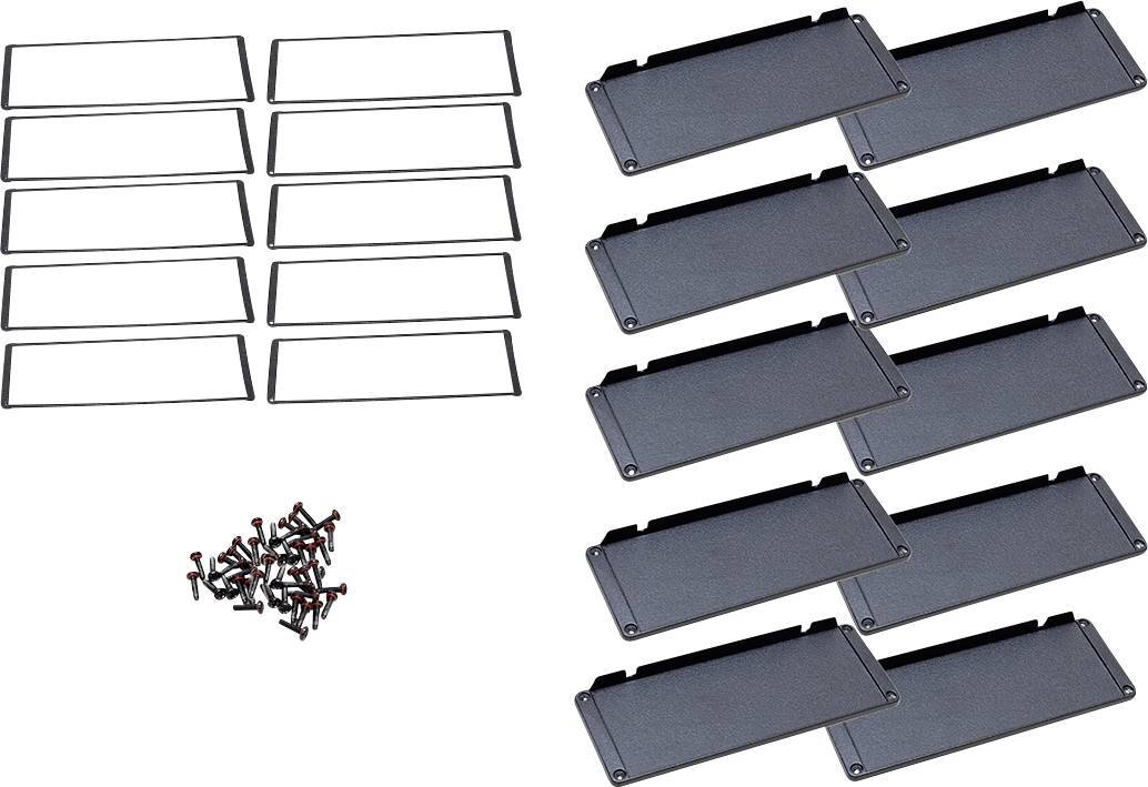 Several black plastic covers, rectangular frames and screws on a white background, presumably an assembly kit.