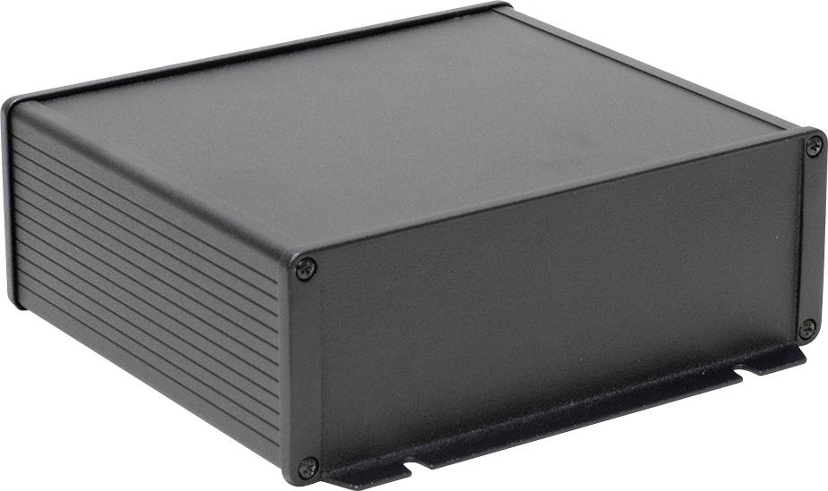 A rectangular, black metal enclosure with screws at the corners. It appears solid and understated, potentially for electronic devices.