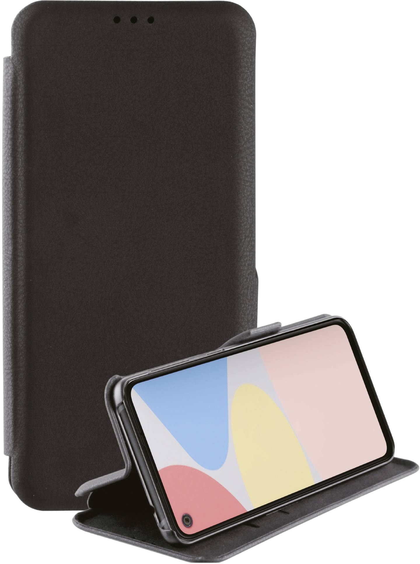 A smartphone in a black protective case. The screen displays a graphic pattern in pastel colours.