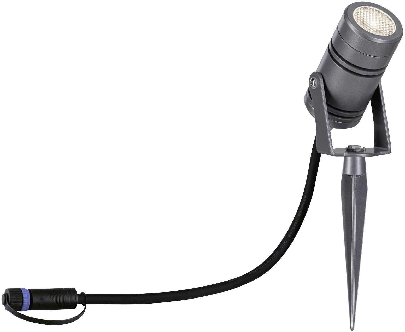 A black garden light with ground spike and flexible cable for outdoor lighting. It is designed in a simple, modern style.