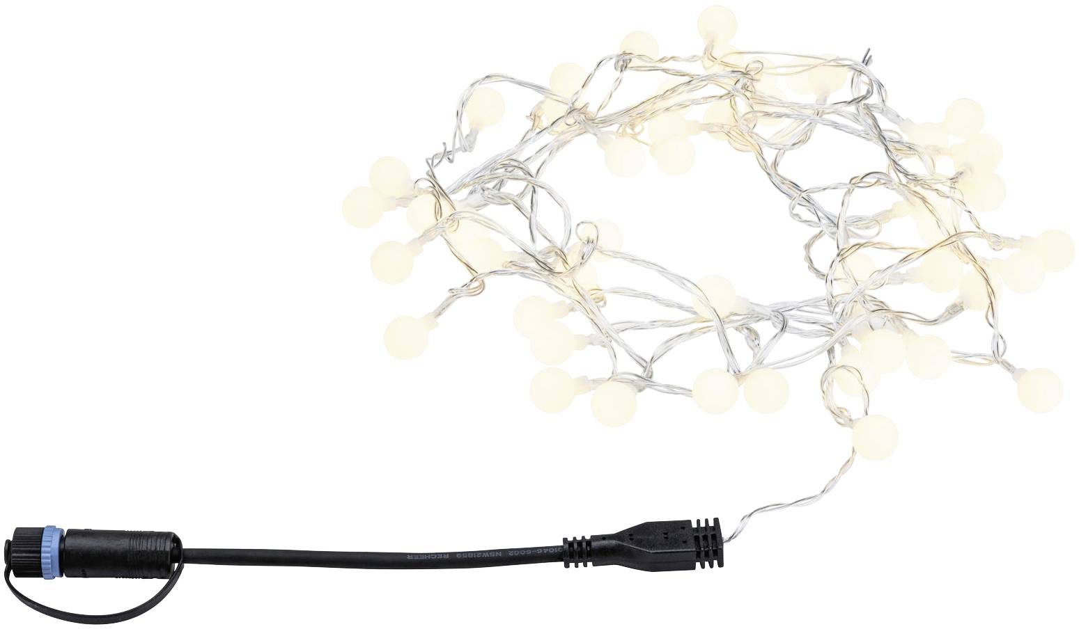 String of fairy lights with warm white LEDs, wound in a spiral formation. A black plug is attached to one end of the chain.