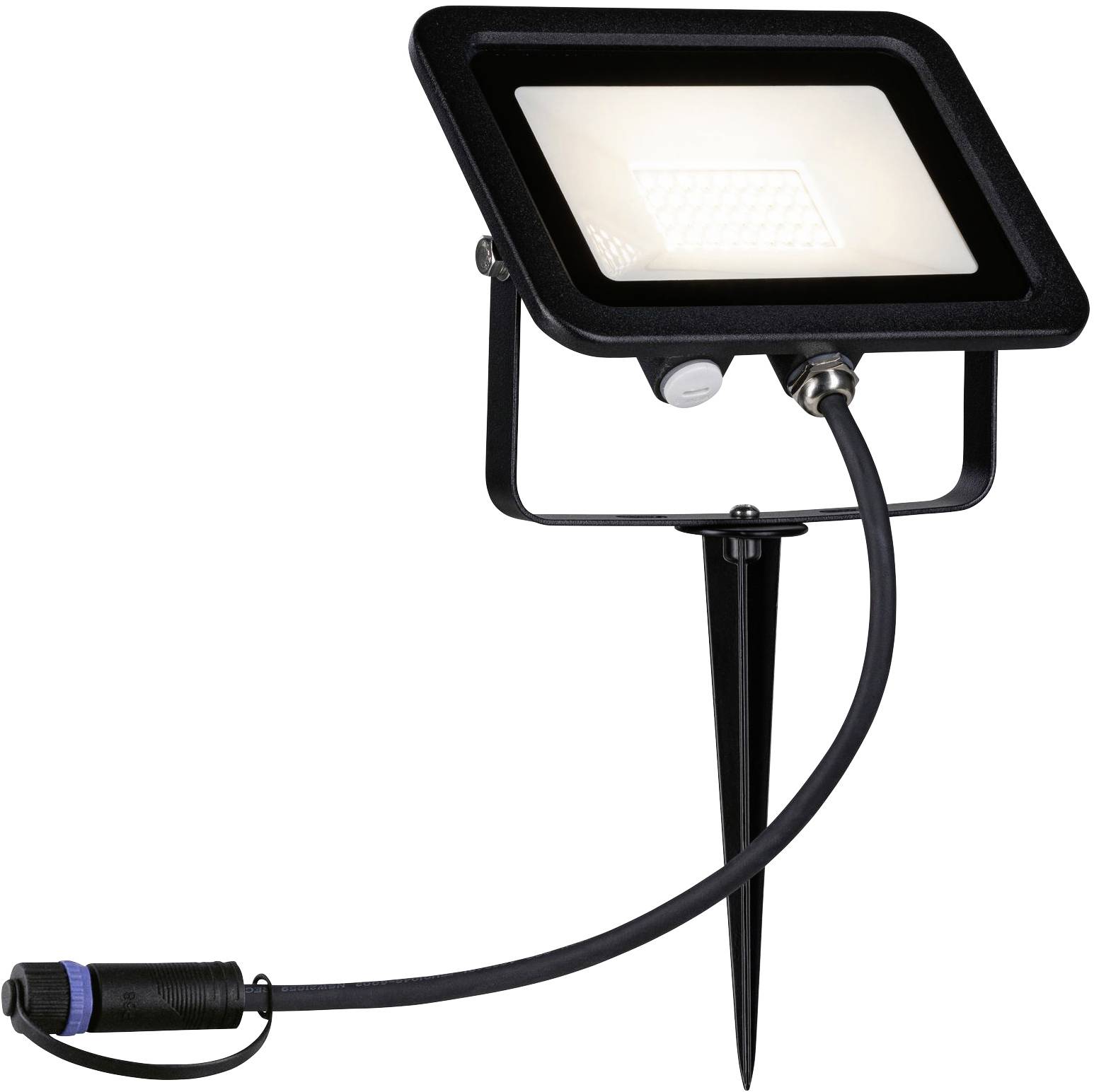 LED floodlight with ground spike and cable, suitable for outdoor lighting.