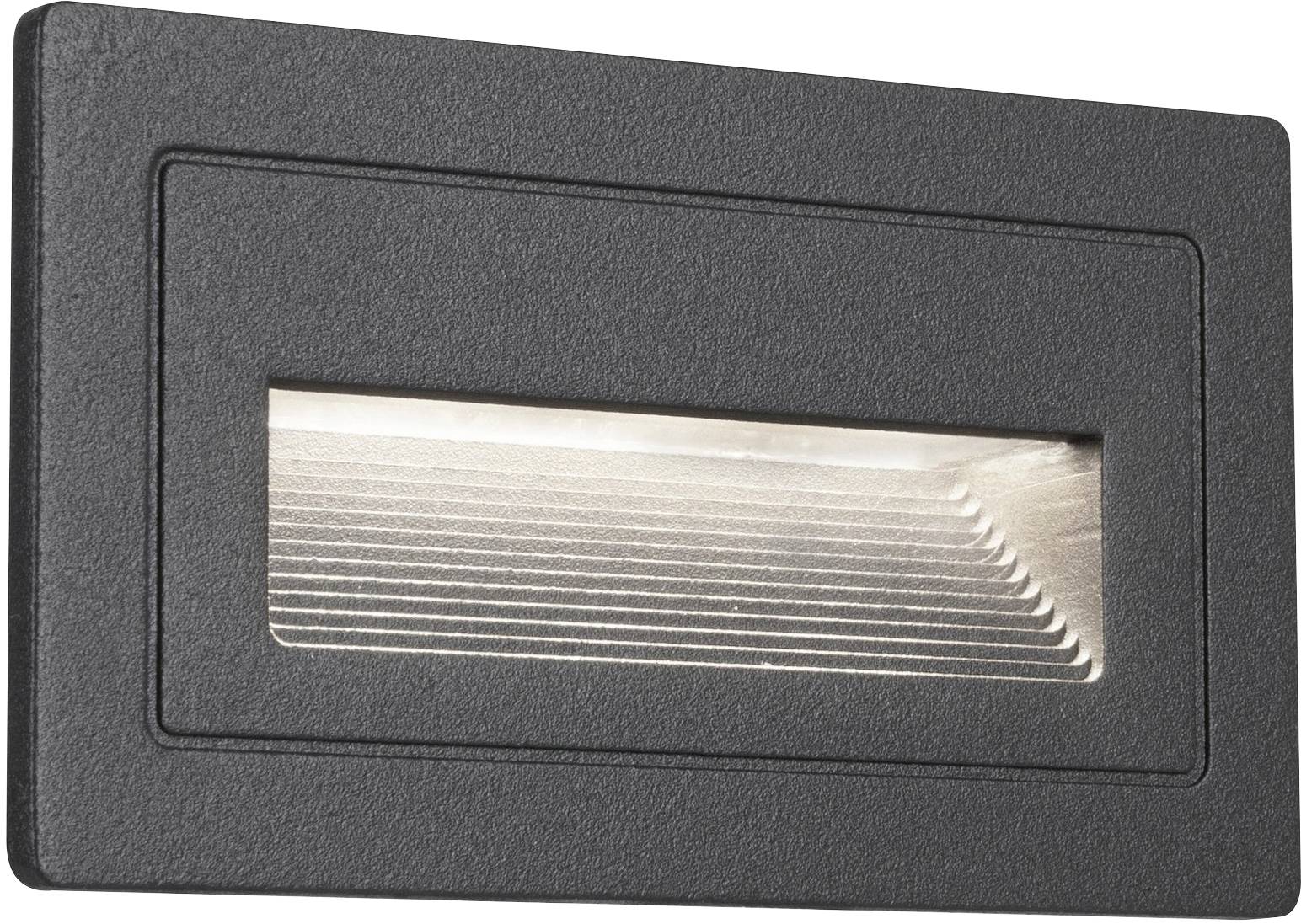 Rectangular black LED wall recessed light with horizontal louvres that generate diffused lighting. Suitable for stairs or corridors.