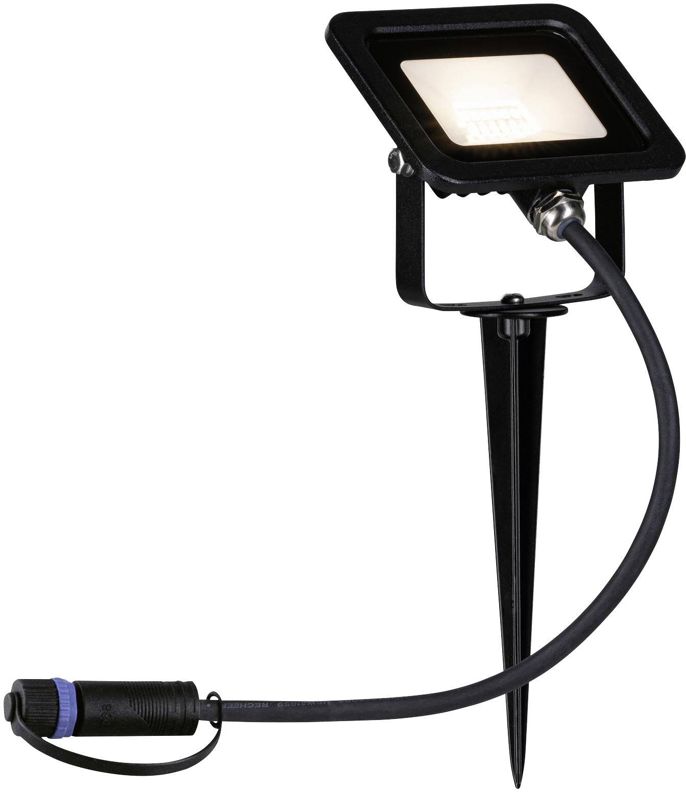Black LED garden spotlight with ground spike and cable, emits warm white light. Suitable for outdoor area lighting.
