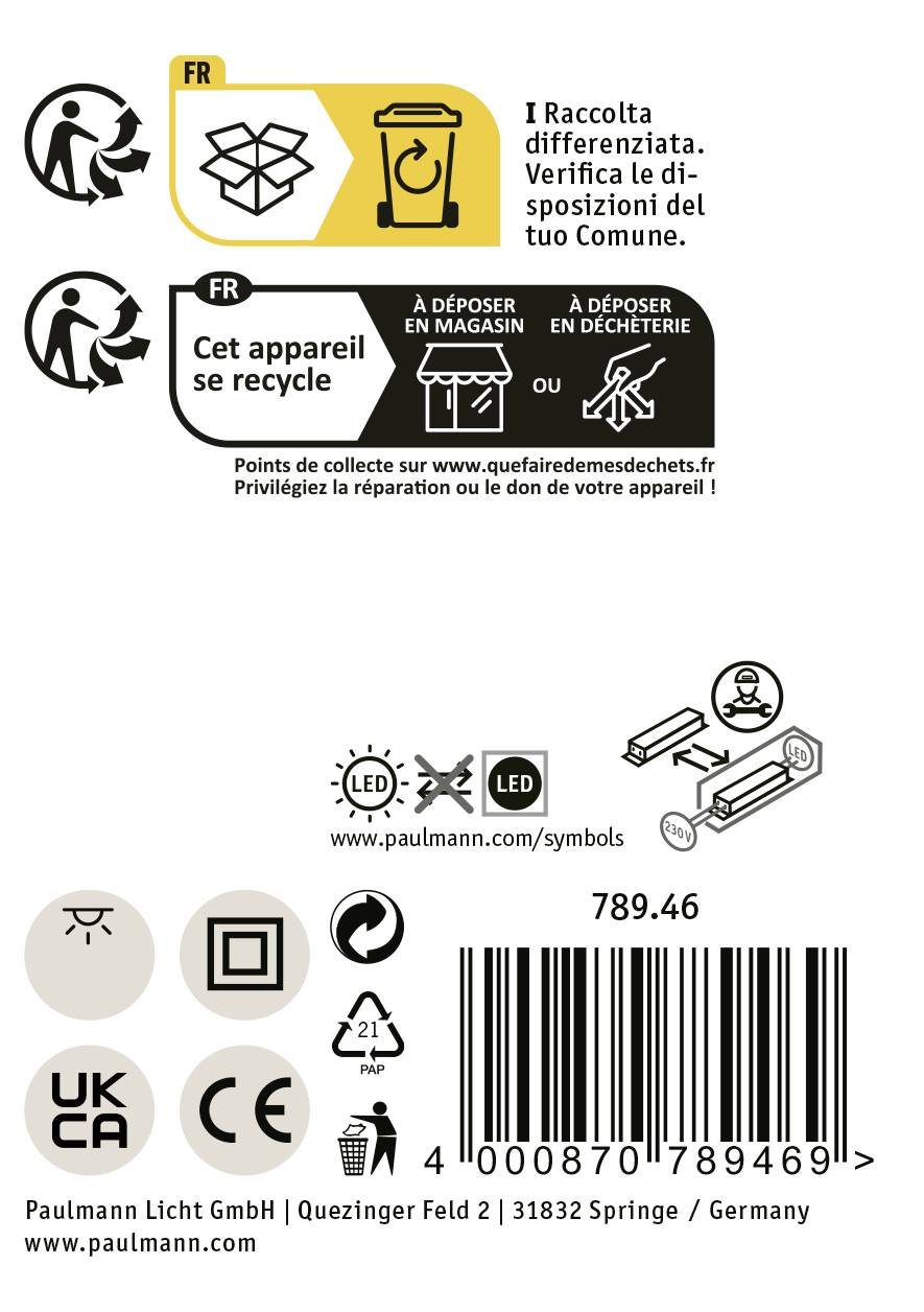 'EN This device can be recycled' and symbols for disposal and recycling of a device. Manufacturer details below.