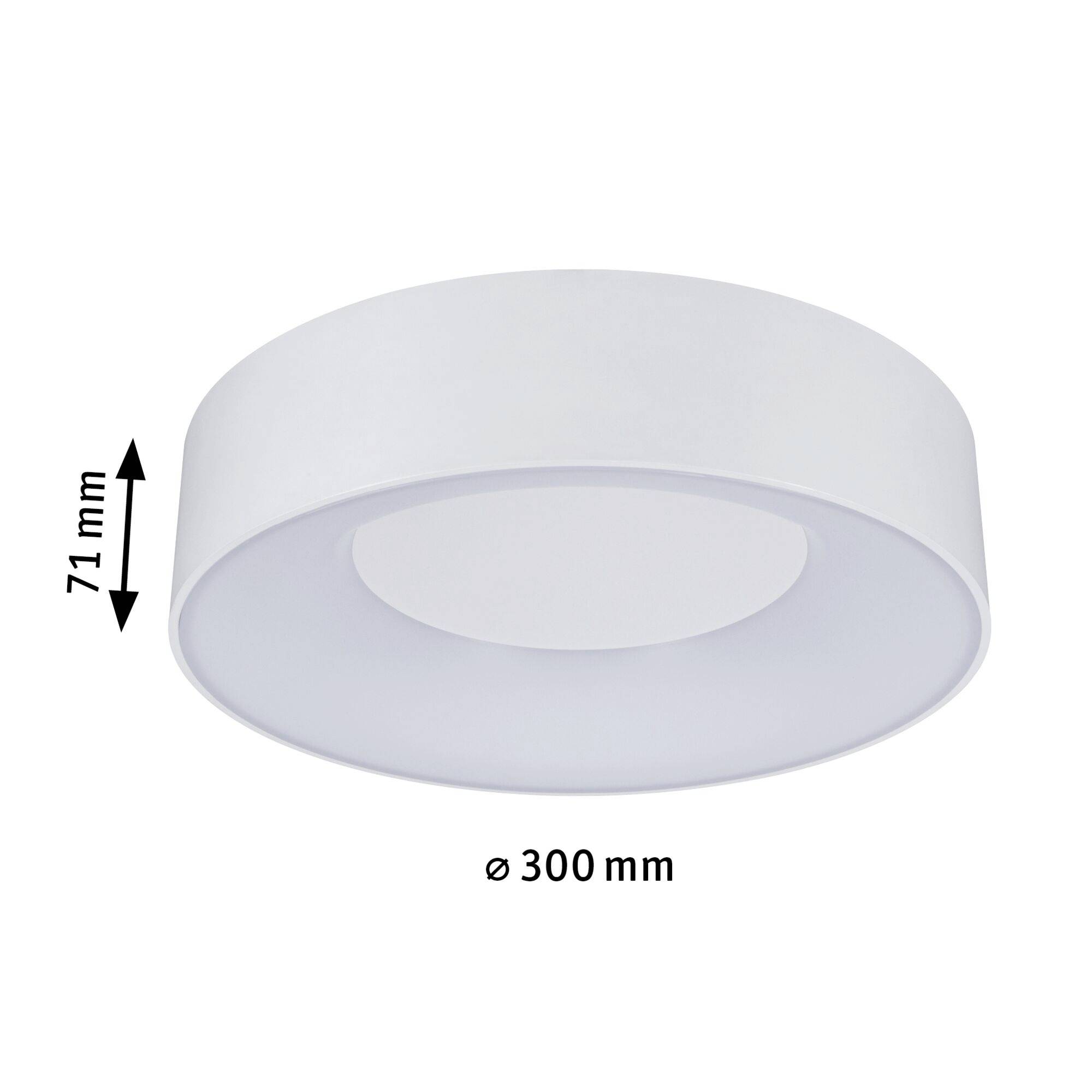 Round LED ceiling light, 300 mm diameter, 71 mm height, in white casing. Ideal for interior lighting.