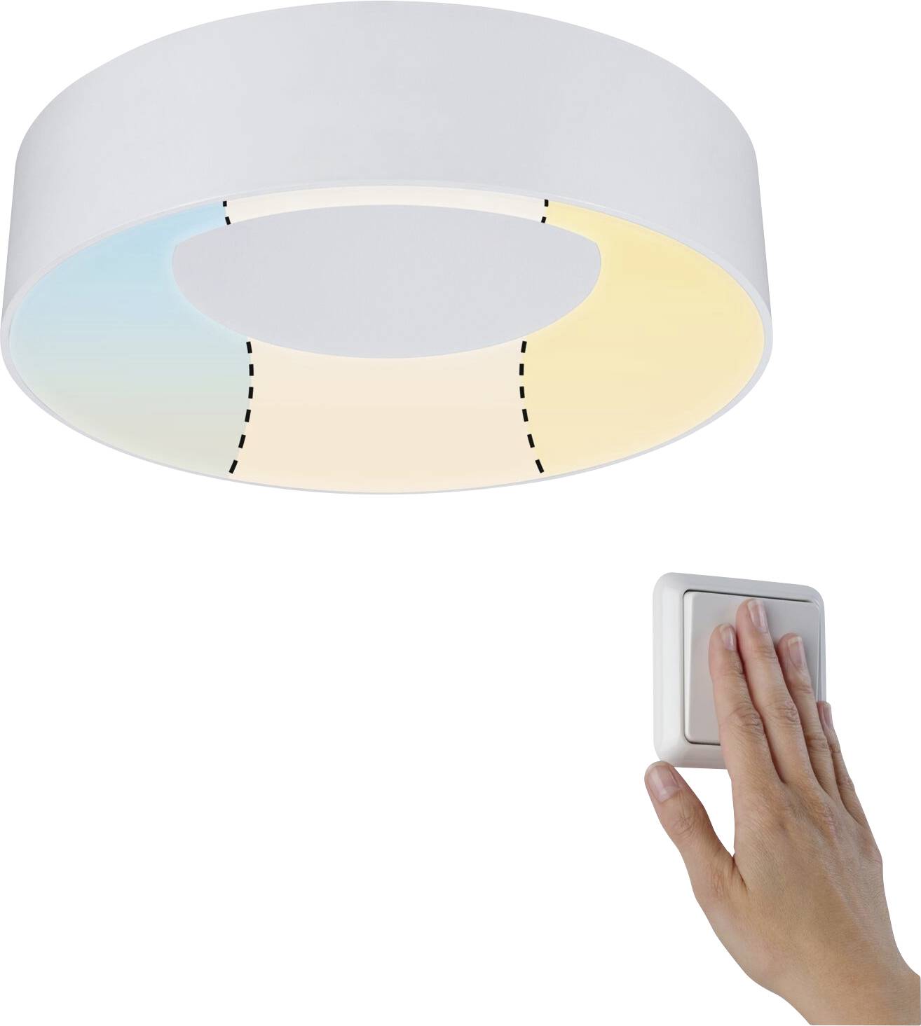 Ceiling light with adjustable colour range, from cool to warm light. Hand pressing a switch to change the light colour.