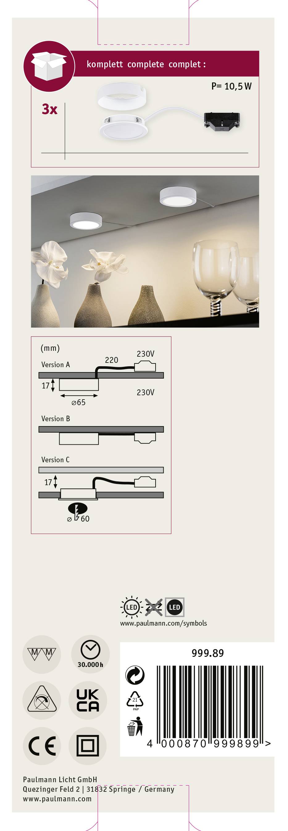 Packaging for a ceiling light set with 3 lamps. Including diagram with dimensions of variants A and E, and image of lamps above vases.