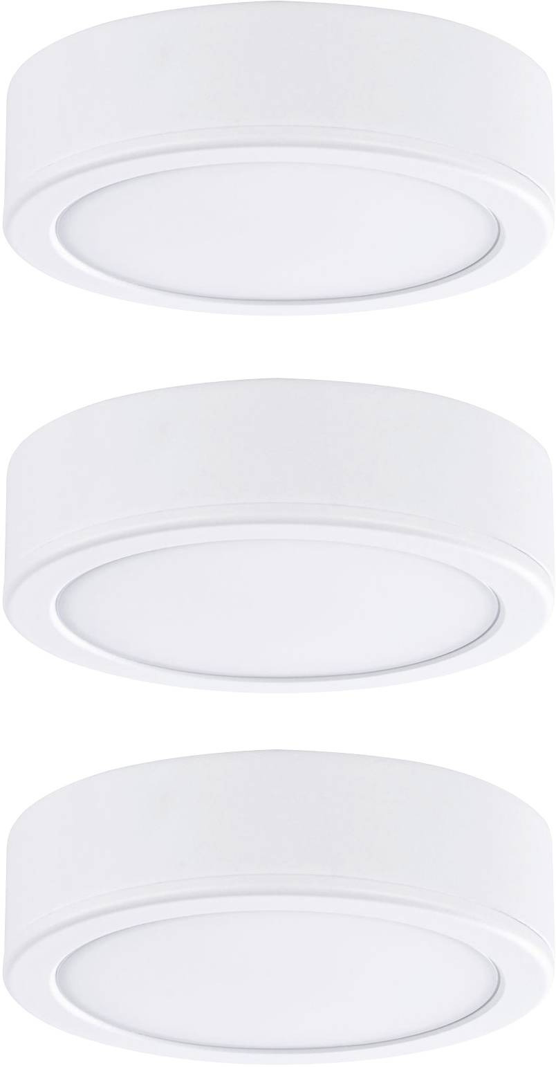 Three round, white LED ceiling lights in a simple, modern design, evenly arranged on a white background.
