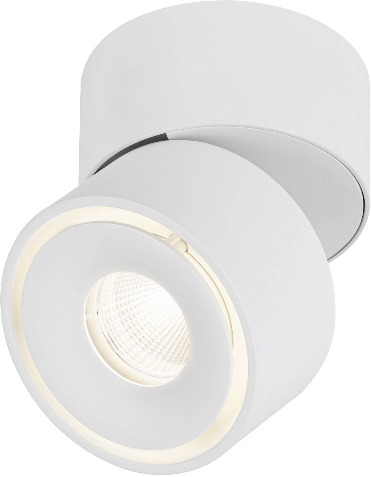 White, cylindrical ceiling light with adjustable LED spotlight. Minimalist design for contemporary interior lighting.