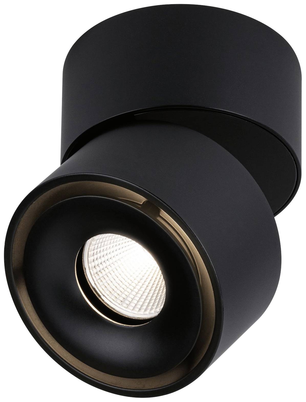 Black, cylindrical ceiling light with modern design. Provides focused, warm white light. Ideal for living or working areas.
