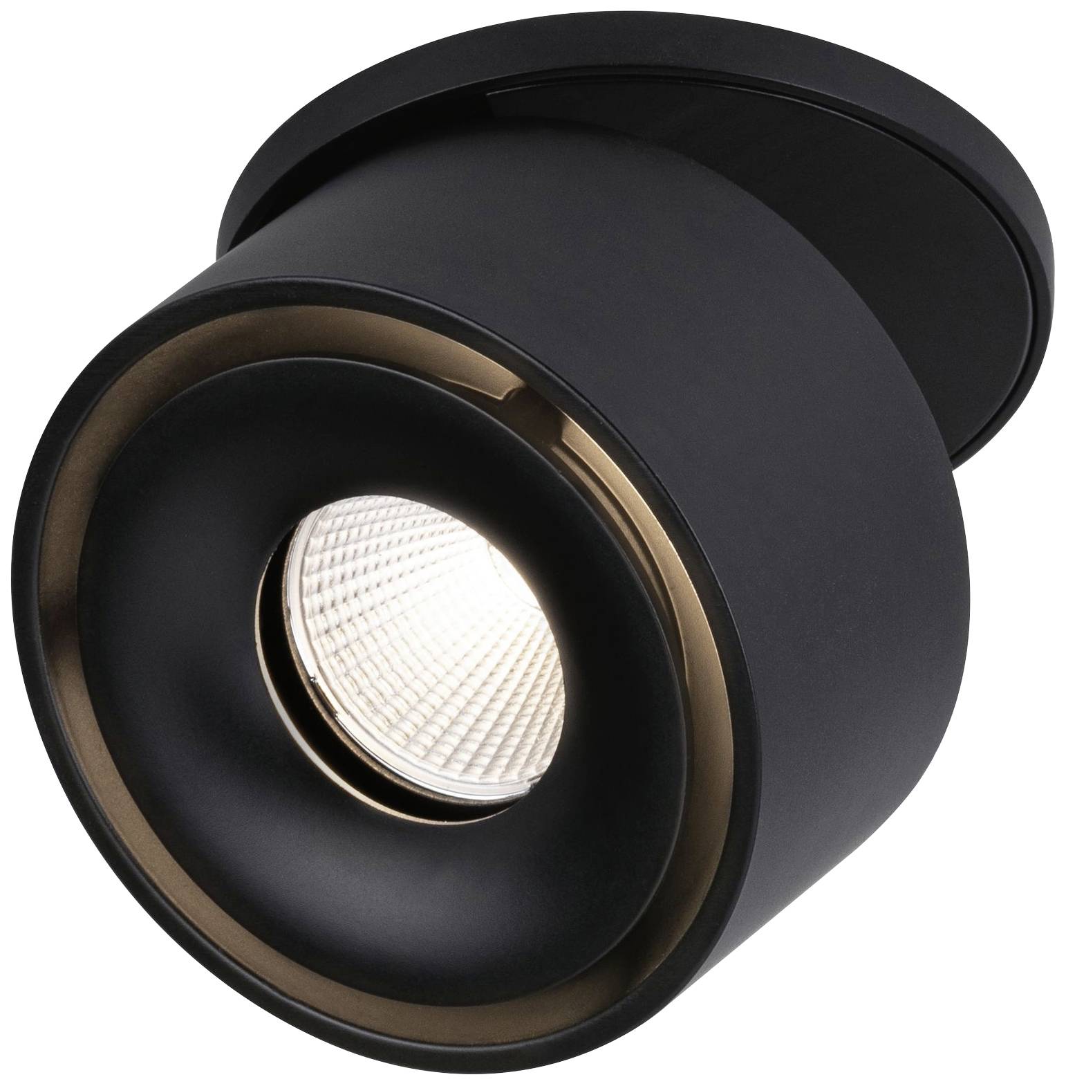 Black ceiling light with circular design, emits downward-facing light. Modern appearance for interior spaces.