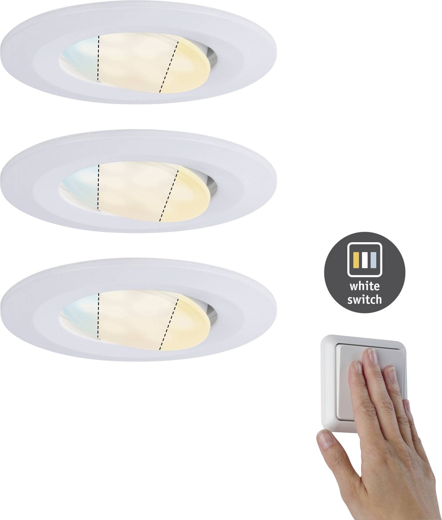 Three white recessed ceiling spotlights with adjustable colour temperatures, shown in warm white, neutral white and cool white. A hand is pressing a light switch.