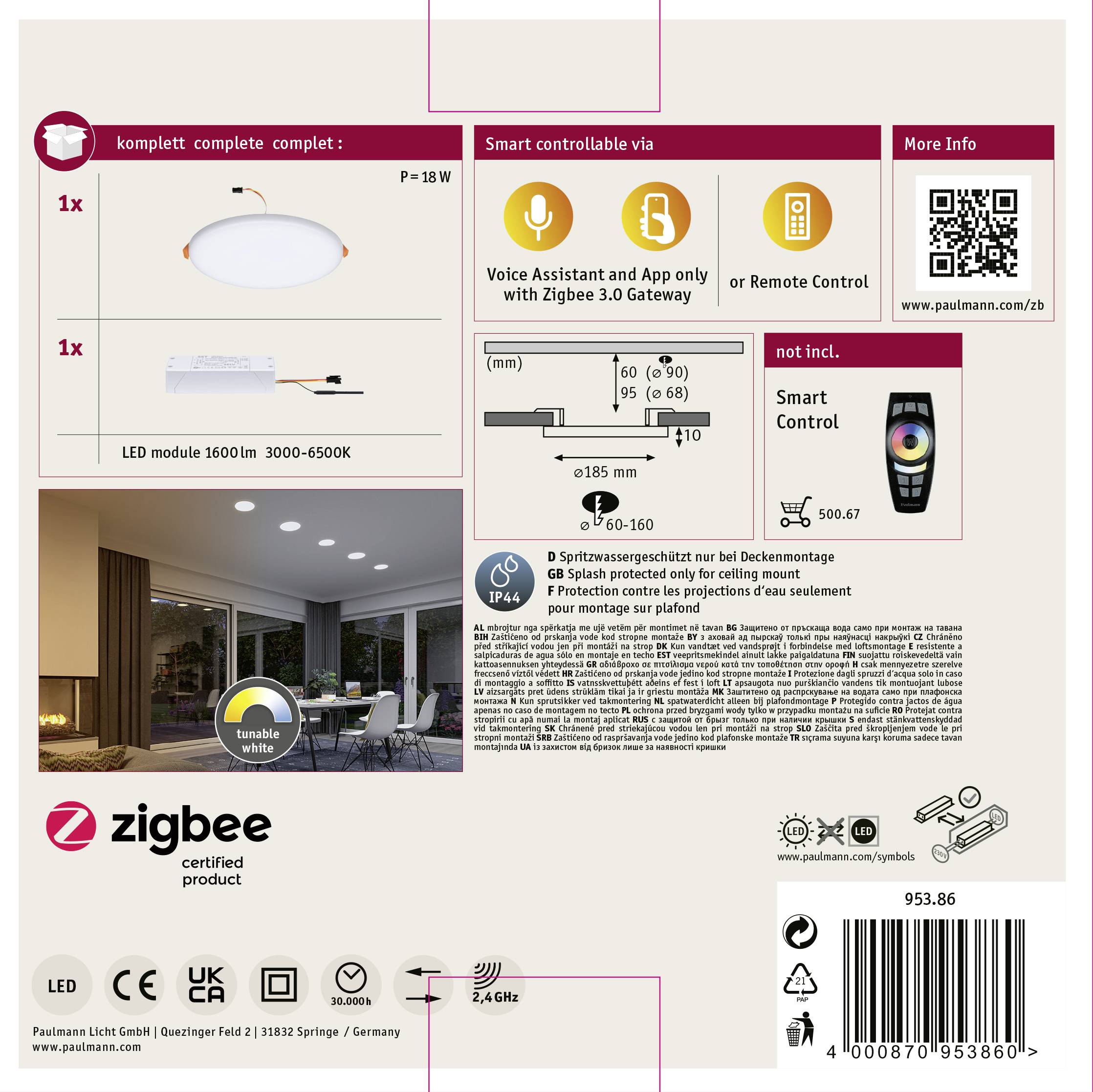 LED Ceiling Light, 3000-6500K, Smart Control via Zigbee, Voice Control, Dimmable, Including Remote Control.