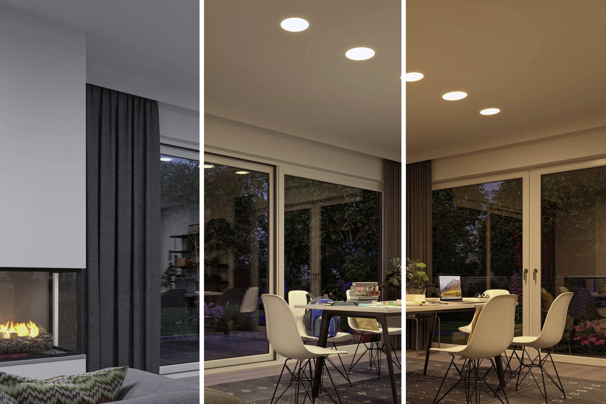 Three sections of a living room with different lighting moods: left dimmed, centre bright, right warmly illuminated.