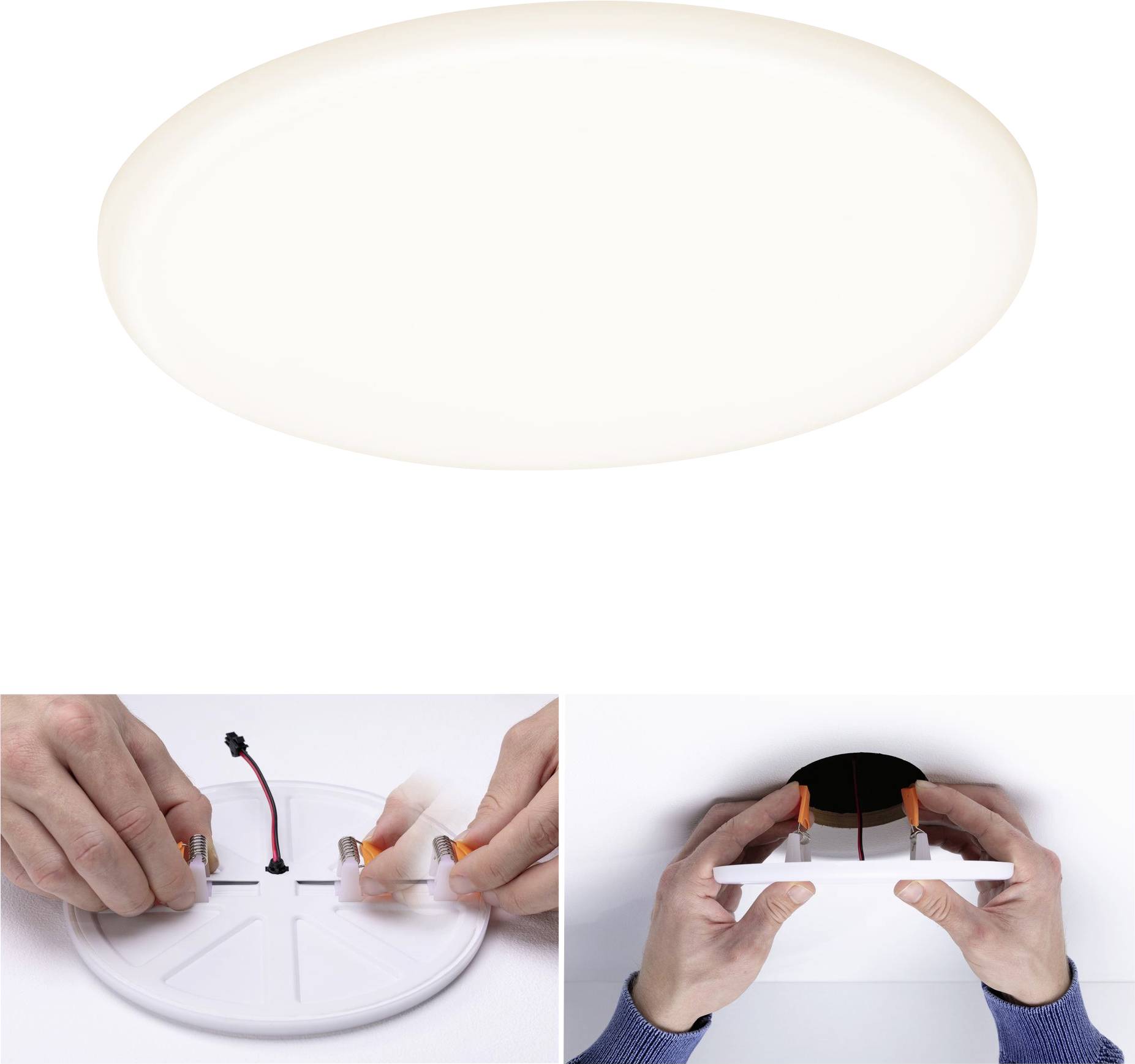 Above: Round, white LED ceiling light. Bottom left: Hands connecting cables to the light. Bottom right: Person installing light on the ceiling.