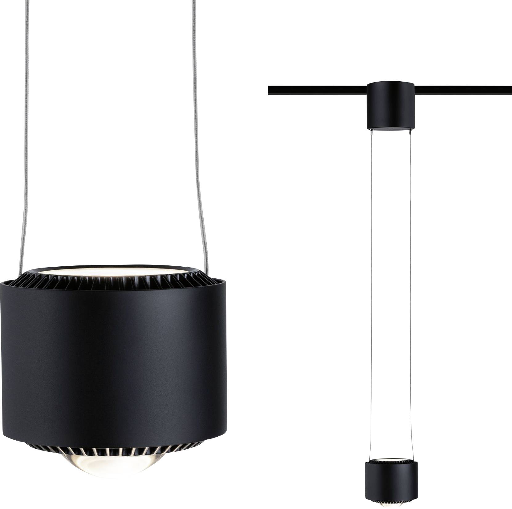 A contemporary, black pendant light with a cylindrical design and exposed bulb area, shown from above and from the side.