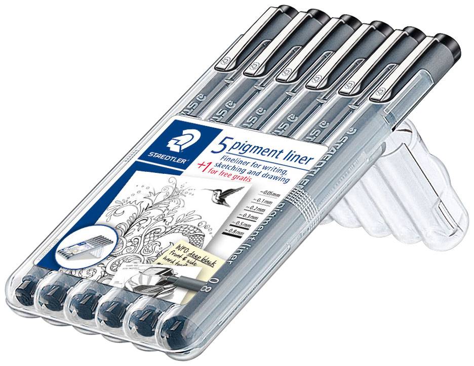 Five pens in a transparent packaging. Suitable for fine writing and drawing. Brand name on the front.Note: This translation has been done in British English, maintaining the original meaning and structure of the German text.