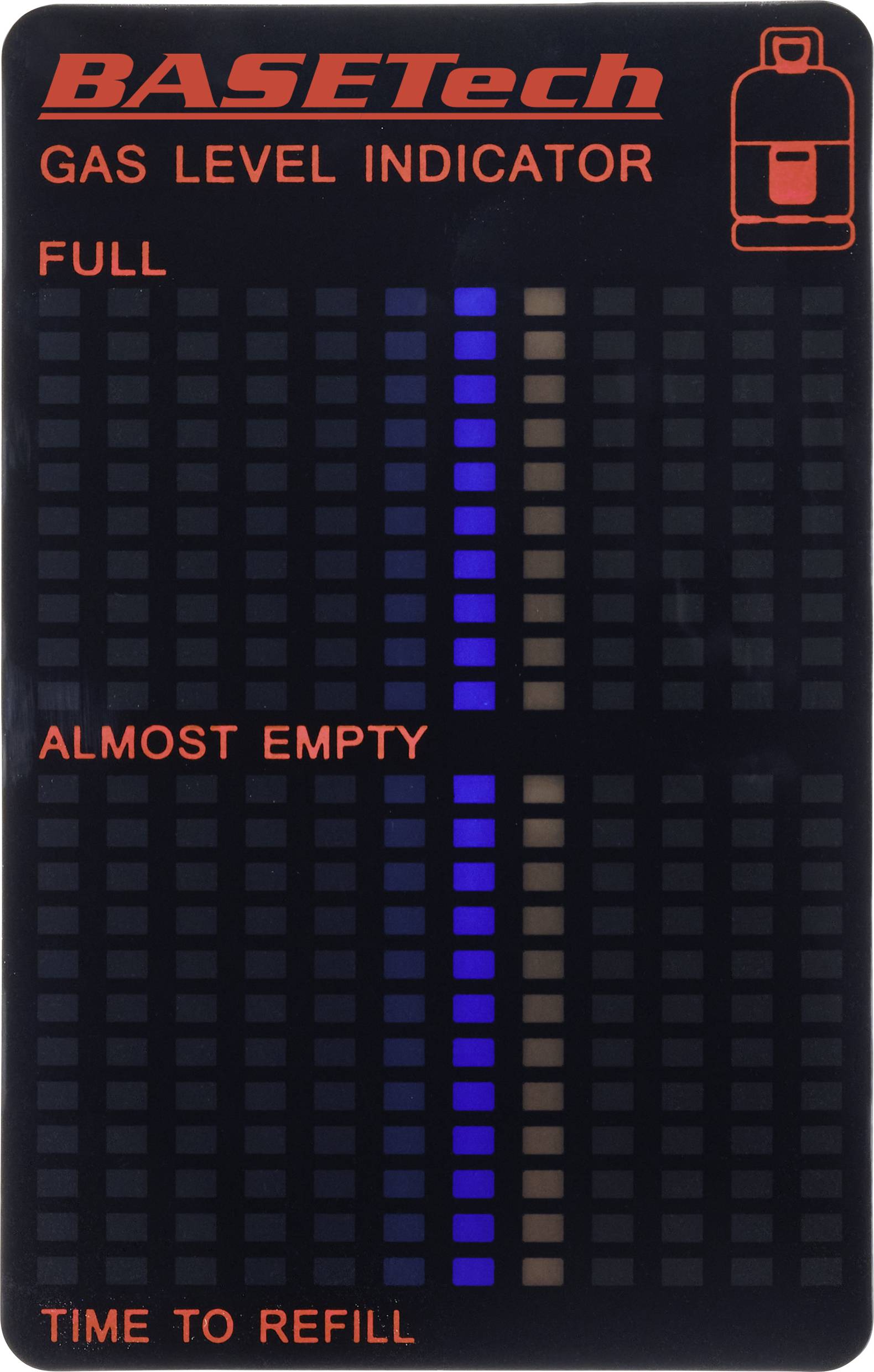 'BASETech' Gas Level Indicator. Left: 'FULL', 'ALMOST EMPTY', 'TIME TO REFILL'. Right: Coloured scale indicates fill level.