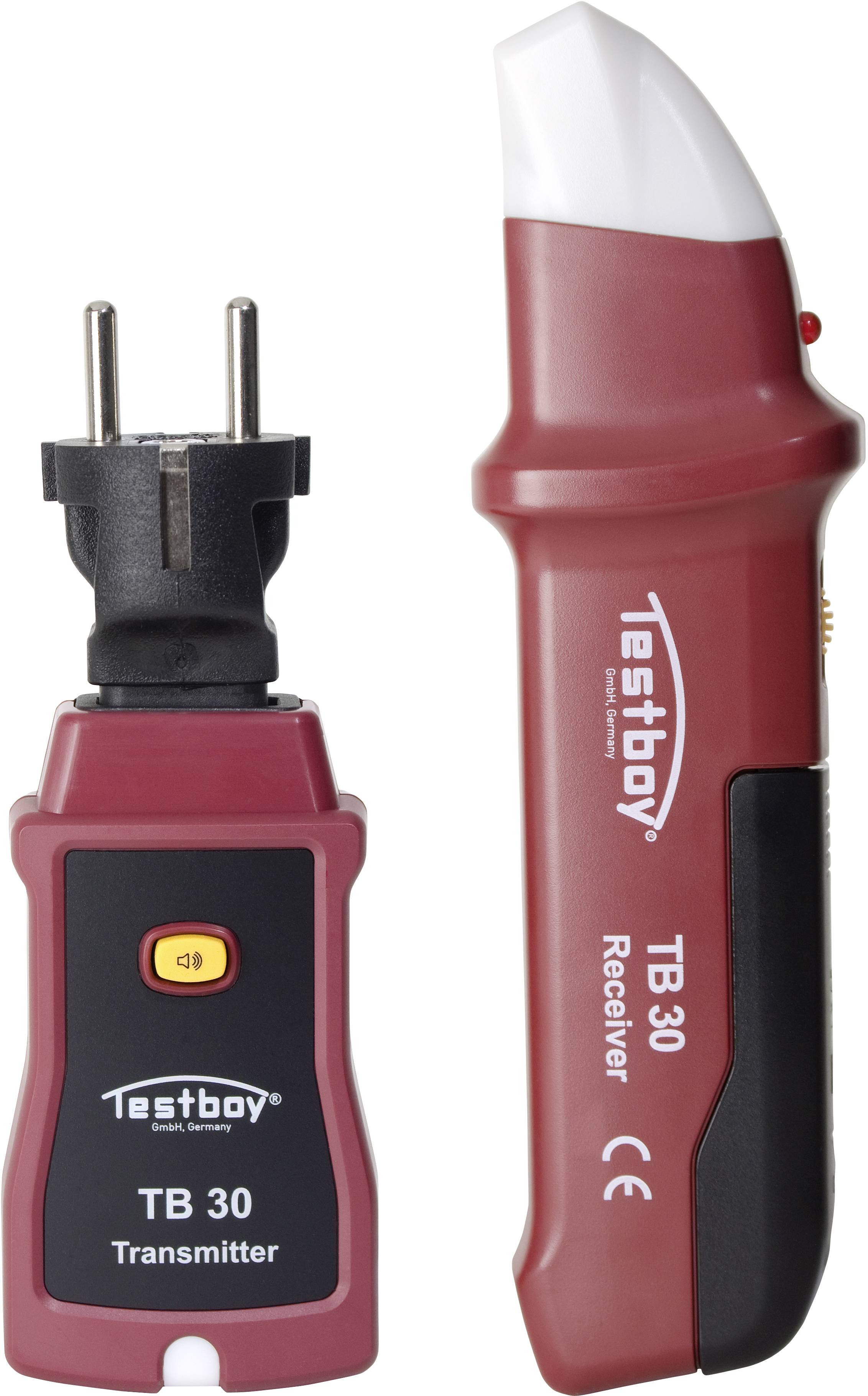 A voltage tester set comprising a transmitter and receiver from the 'Testboy TB 30' brand, for locating electrical cables.